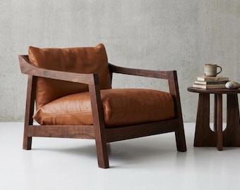 Mid Century Modern Läderloungestol Massivt Trä Fåtölj Valnötsram Lyxig Accentfåtölj Handgjorda Vardagsmöbler