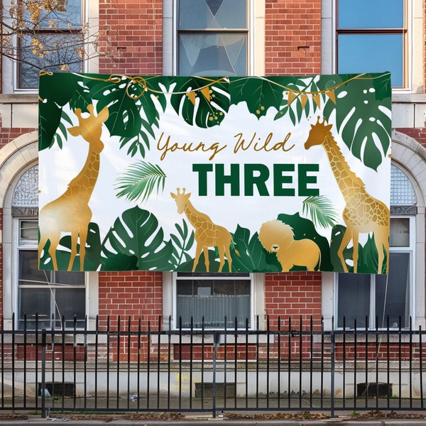 Young Wild Three 3rd Birthday Backdrop Jungle Safari Animals Background for Photography Tropical Leaves Third Birthday Party Decor KCNC08