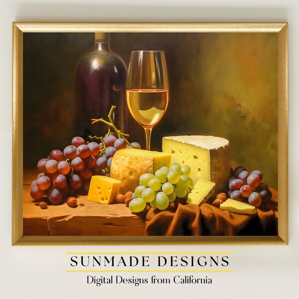 Wine and Cheese Still Life Digital Art Print | Vintage Inspired Printable Art | Boho Wall Art | Instant Download and Print in various sizes