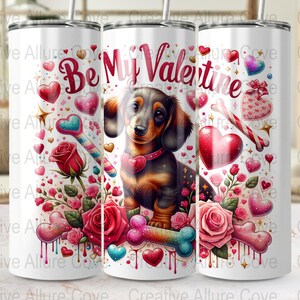 Adorável Dachshund Puppy Tumbler Wrap, Design de sublimação brincalhão Valentine Doxie, Encantador Floral Valentine Wrap, Amante de cães de coração rosa