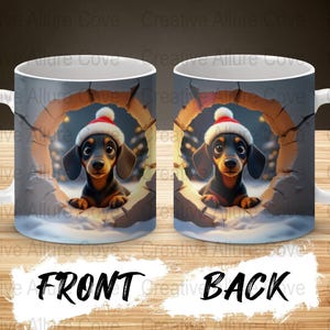 Envoltura para taza con diseño de perro salchicha navideño en 3D / PNG digital para tazas de 11 y 15 oz / Lindo perro con gorro de Papá Noel / Diseño de taza navideña / Regalo de descarga instantánea