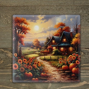 Autumn Cottage Glas Schneidebrett Sublimationsdesign (digitaler Download)