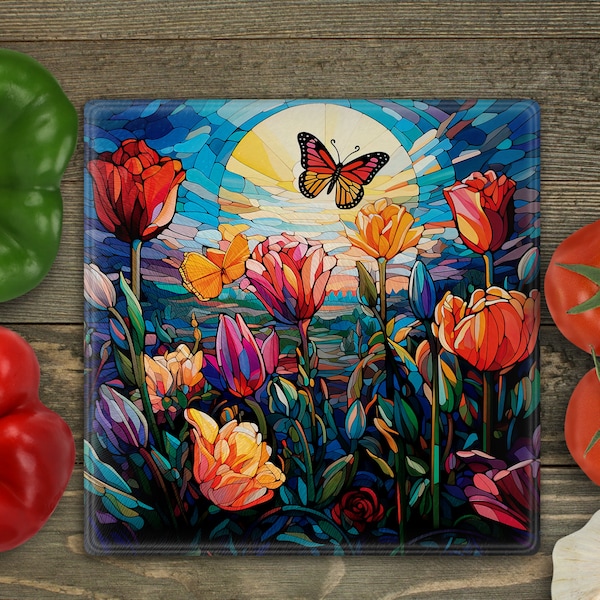 Butterfly Tulips Kitchen Glass Cutting Board Sublimation Design, DIGITAL DOWNLOAD, Stained Glass PNG, Housewarming Gift, Cottagecore Art