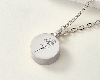 Personalized Birth Flower Urn Necklace: Titanium Steel Cremation Jewelry