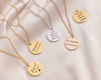 May include: Three gold necklaces with round pendants. The pendants have different inscriptions: "Heather XVLVILXXII", "Rascal 06-11-2020", and "Mom Embrace Forever Cherished".