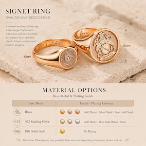 May include: Two gold-toned signet rings with oval faces. One ring features a triangular emblem and the date 20.11.2025, measuring 10mm. The other displays a crest with the name Sainsbury and the name Leon inside, measuring 15mm. Includes a material guide.