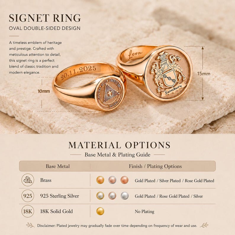 May include: Two gold-toned signet rings with oval faces. One ring features a triangular emblem and the date 20.11.2025, measuring 10mm. The other displays a crest with the name Sainsbury and the name Leon inside, measuring 15mm. Includes a material guide.