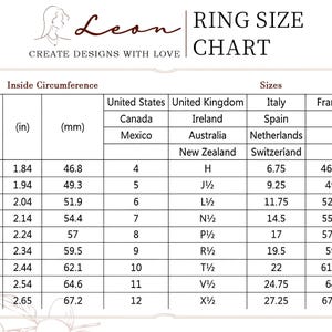 May include: A white ring size chart with black text and lines. The chart includes columns for inside diameter and circumference in inches and millimeters, alongside international ring size conversions for the US, UK, Italy, France, and Germany.