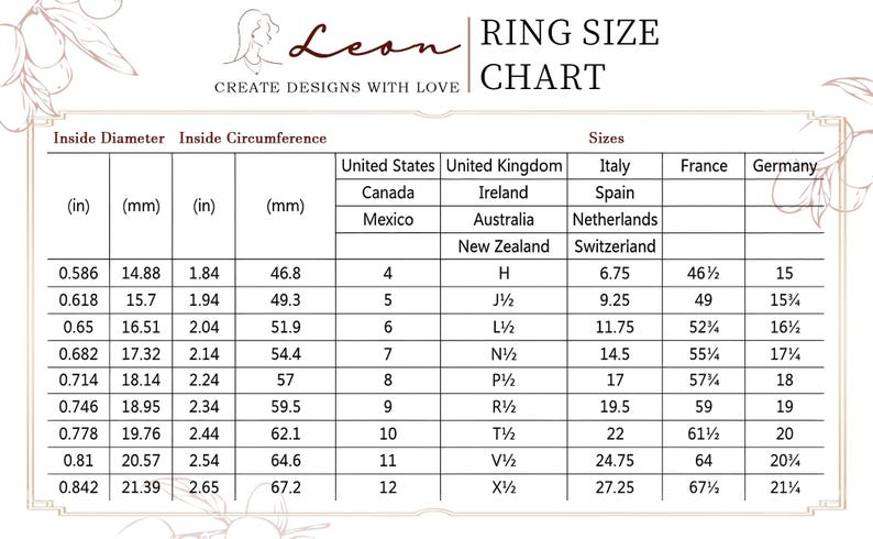 May include: A white ring size chart with black text and lines. The chart includes columns for inside diameter and circumference in inches and millimeters, alongside international ring size conversions for the US, UK, Italy, France, and Germany.