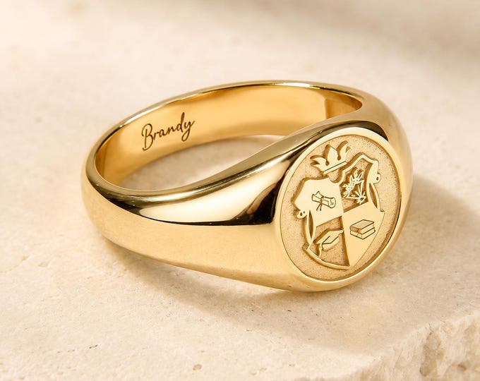 18K Gold Plated Crest Ring - Custom Engraved Family Emblem Gift - Family Crest Signet Ring - Filled Embossed Ring - Gifts for Men, Dad