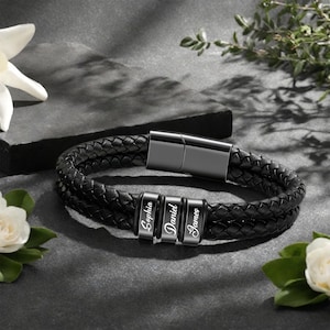 Personalized Leather Bracelet for Men: Engraved Stainless Steel Beads