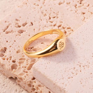 Pode incluir: Um anel de sinete dourado com uma face e uma banda arredondadas. O anel apresenta um monograma gravado na face e a palavra "fern" gravada na banda. O anel é exibido em uma superfície texturizada rosa claro.