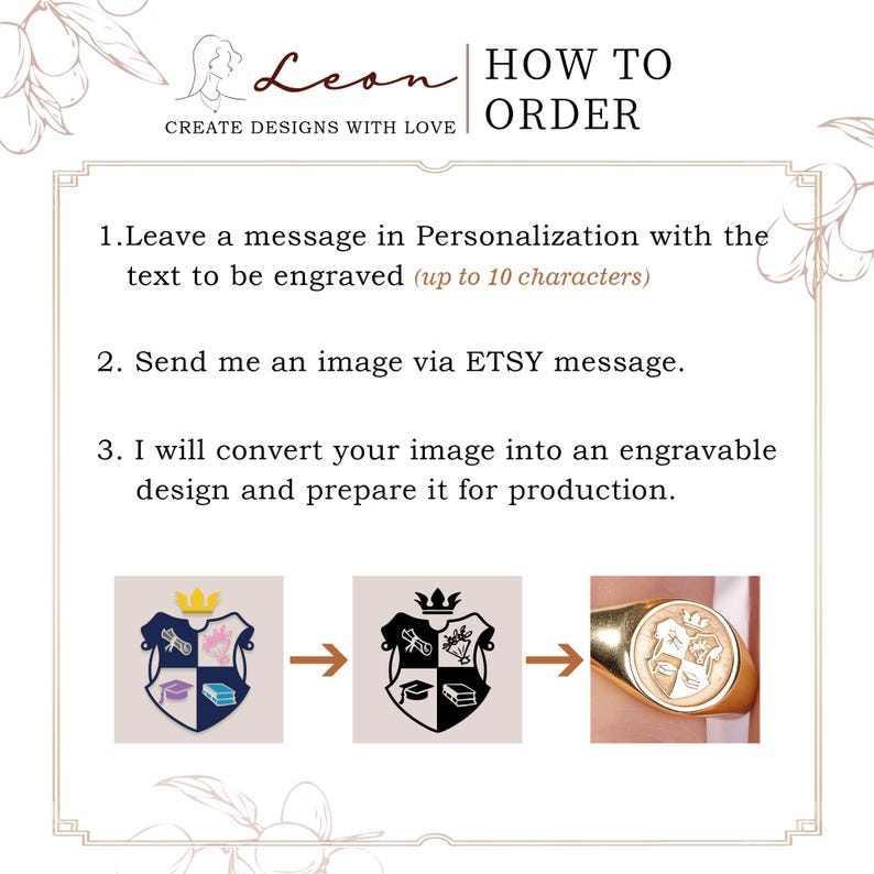 May include: An instructional graphic titled HOW TO ORDER with three steps for custom engraving. It shows a process from a colored crest image to a black and white version, then to a gold signet ring with the engraved crest design on its face.
