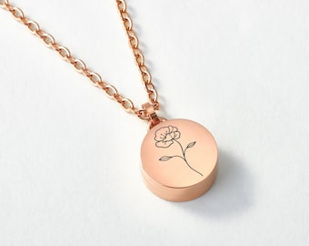 Personalized Birth Flower Urn Necklace: Titanium Steel Cremation Jewelry