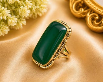 Green Onyx Statement Ring: 14K Gold & Sterling Silver, Handmade Jewelry
