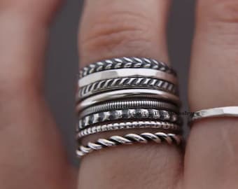 Sterling silver stacking rings set | Stackable ring set 925 silver ultimate stacking rings set | 8 textured rings | Buy as a set or singles