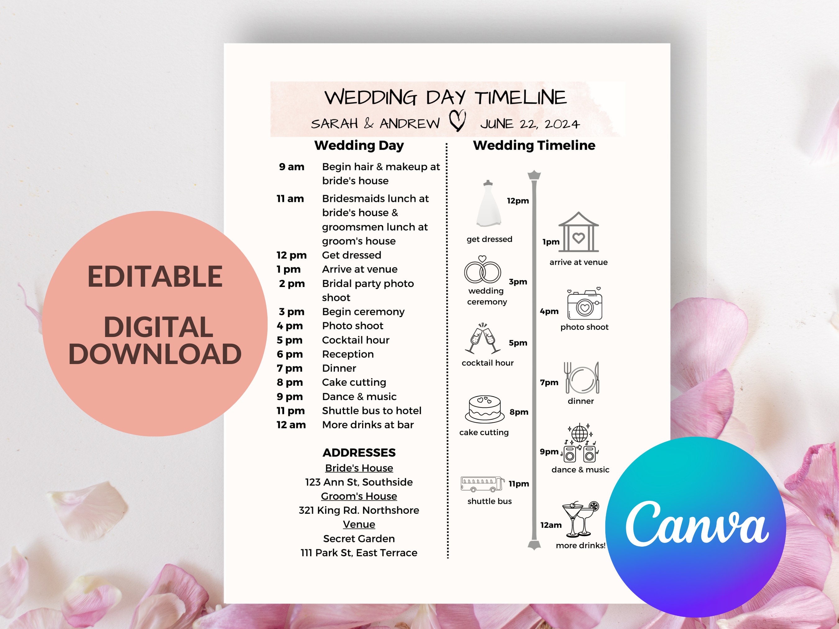 Wedding Day Timeline Template, Wedding Itinerary, Wedding Timeline