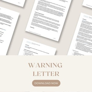 May include: A collection of white paper documents with black text, including a "Warning Letter" and "Download Now" button. The documents are scattered across a light beige background. The documents contain text related to company policies.