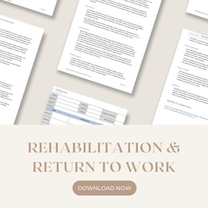 Puede incluir: Un documento con el título "Rehabilitación y regreso al trabajo" y un botón que dice "Descargar ahora". El documento trata sobre las políticas de rehabilitación en el lugar de trabajo y regreso al trabajo.