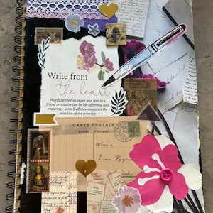 Diario de collage A4 hecho a mano: «Escribe con el corazón» / Cuaderno vintage para escribir cartas / Diario de técnica mixta