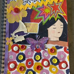 Handmade A4 Collage Journal – “Good Vibes” | Bold Colourful Pop Art Notebook | Mixed Media Diary