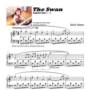 Partition pour piano numérique The Swan SAINT-SAENS (1re année) avec nom de la note et échantillon audio mp3