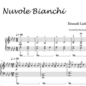 Könnte beinhalten: Notenblatt für das Klavierstück "Nuvole Bianchi" von Ludovico Einaudi. Die Musik wurde von Harmony kuratiert. Die erste Seite des Notenblatts ist zu sehen, mit dem Titel, dem Komponisten und den Tempoangaben.