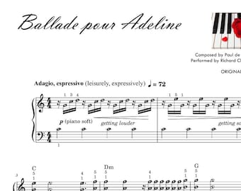 BALLADE POUR ADELINE (Grade 5) best digital piano sheets with note guide
