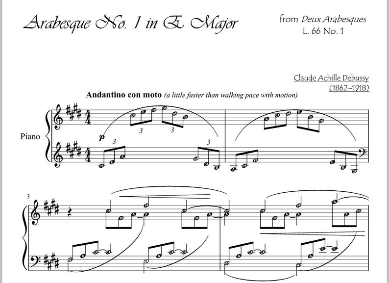 Arabesque No. 1 in E Major DEBUSSY (grade 7) Digital Piano Sheet - Etsy