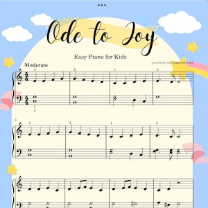Könnte beinhalten: Eine Klavierpartitur mit dem Titel "Ode an die Freude" mit dem Komponisten Ludwig van Beethoven. Die Musik ist in einem einfachen Stil für Kinder geschrieben, mit einem hellblauen Hintergrund und bunten Wolken und Sternen.