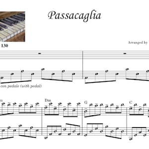 Puede incluir: Una partitura musical para piano con el título "Passacaglia" de Händel, arreglada por Veronica Lee. La partitura incluye notación musical, indicaciones de tempo y la instrucción "con pedale (con pedal)".