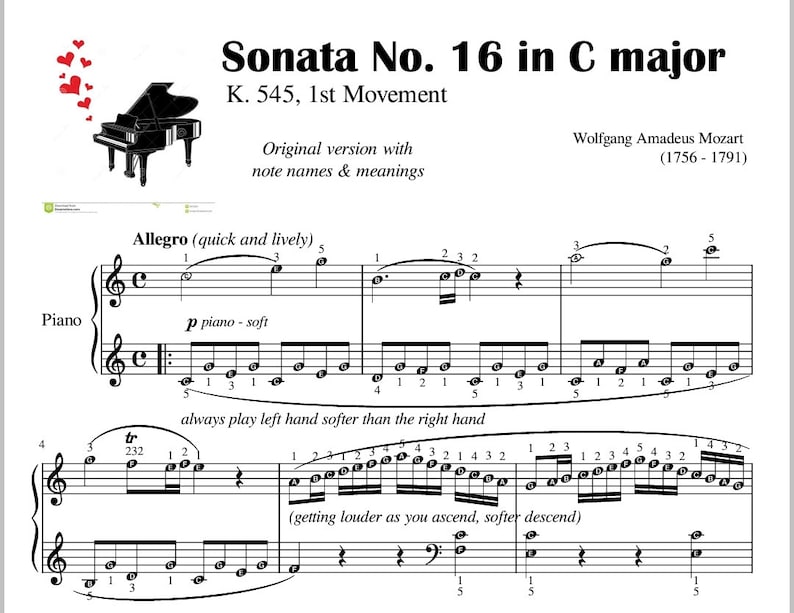 May include: A sheet music score for Sonata No. 16 in C major, K. 545, 1st Movement by Wolfgang Amadeus Mozart (1756-1791). The music is written in the key of C major and is in the style of the Classical period. The score includes the title, composer, and tempo markings.