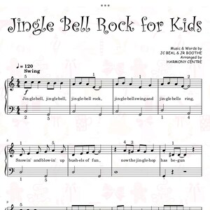 Jingle Bell Rock para niños (completo) Partitura para piano con nombres de notas y letras en PDF