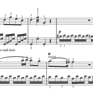 May include: A sheet of music with musical notation and instructions for playing a piece of music. The music includes the words "forte-loud" and "becareful not to rush here".