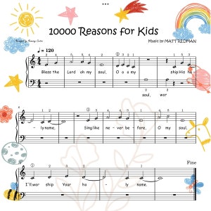 10000 Reasons for Kids (Bless My Soul) | Attractive Piano Sheet Music Score with note names lyrics finger numbers