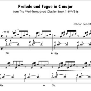 Prelude(Grade 4) and Fugue(Grade 6) in both original transciption in C Major Digital Piano Sheet with note names