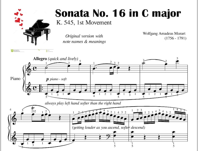 May include: A sheet music score for Sonata No. 16 in C major, K. 545, 1st Movement by Wolfgang Amadeus Mozart (1756-1791). The music is written in the treble clef and includes notes, rests, and time signatures. The title of the piece is written in large, bold letters at the top of the page. The composer's name and dates are written below the title.