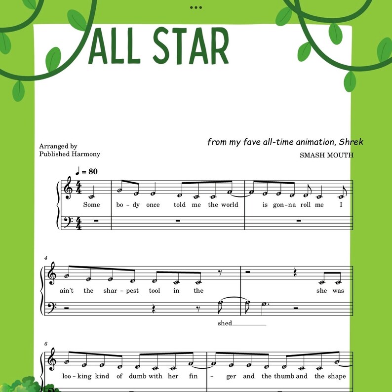All Star for Kids | Attractive Piano Sheet Music Score With Note Names ...