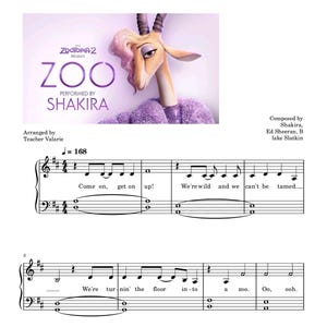 Puede incluir: Partitura de la canción "Zoo" de Zootopia 2, interpretada por Shakira. La portada presenta una gacela de dibujos animados con detalles morados. La música incluye letras como "Come on, get on up!" y "We're turnin' the floor into a zoo."