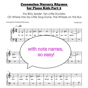 May include: A sheet of music with the title "Cocomelon Nursery Rhymes for Piano Kids Part 2". The music includes the lyrics "Itsy Bitsy Spider, Ten Little Duckies, Oh Where Has My Little Dog Gone, The Wheels on the Bus". The music is written in the key of C major and has a tempo of 80 beats per minute.