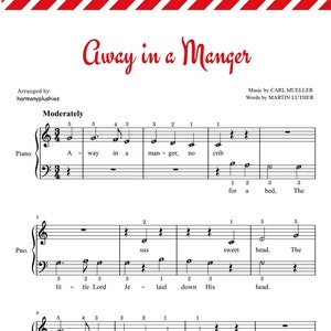 May include: Sheet music for "Away in a Manger" with red text and decorative red and white stripes at the top. The music is arranged for piano and includes the names of the composer, lyricist, and arranger.