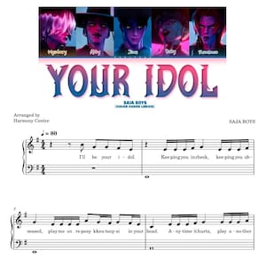 Op de afbeelding: Muziekblad voor "Your Idol" van SAJA BOYS, met een muziekpartituur en tekst. De afbeelding bevat karakterportretten met de labels "Mystery", "Abby", "Jinu", "Baby" en "Romance" boven de titel.