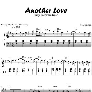 May include: Sheet music for the song "Another Love" by Tom Odell. The music is written in the key of C major and is in the style of easy intermediate. The sheet music includes the lyrics and chords for the song.