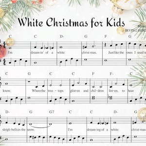 White Christmas for Kids - Piano Sheet Music Score with note names and lyrics easy Grade 1