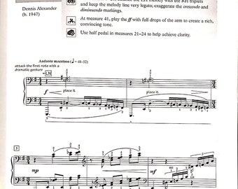 Partitura para piano Gallactica (grado 6) con información sobre interpretación artística