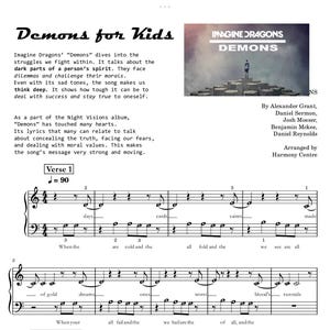 May include: Sheet music for "Demons for Kids" by Imagine Dragons. The page includes the song title, lyrics, and musical notation. The top right corner features the album art with the band's name and song title.