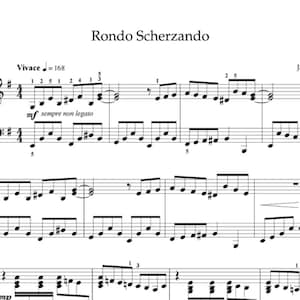 May include: Sheet music for a piano piece titled "Rondo Scherzando" by Jason Sifford. The music is written in the key of C major and is in 4/4 time. The tempo is Vivace = 168. The music includes the words "sempre non legato" and "mf" (mezzo forte).