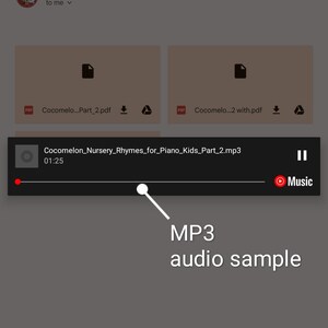 May include: A screenshot of a music player with the title "Cocomelon_Nursery_Rhymes_for_Piano_Kids_Part_2.mp3" and a play button. The player is showing a time of 01:25. The text "MP3 audio sample" is below the player.