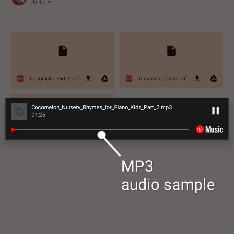 May include: A screenshot of a music player with the title "Cocomelon_Nursery_Rhymes_for_Piano_Kids_Part_2.mp3" and a play button. The player is showing a time of 01:25. The text "MP3 audio sample" is below the player.