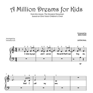 May include: Sheet music for a piano arrangement of the song "A Million Dreams" from the movie "The Greatest Showman". The music is arranged for kids and is based on the One Voice Children's Choir. The sheet music includes the lyrics for the song.